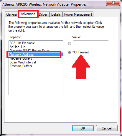 Wireless Network Adapter Advanced Properties