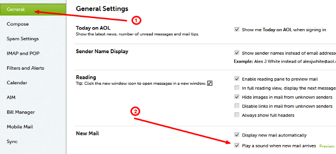 Turning on the option to "Play a sound when new email arrives" in AOL Mail