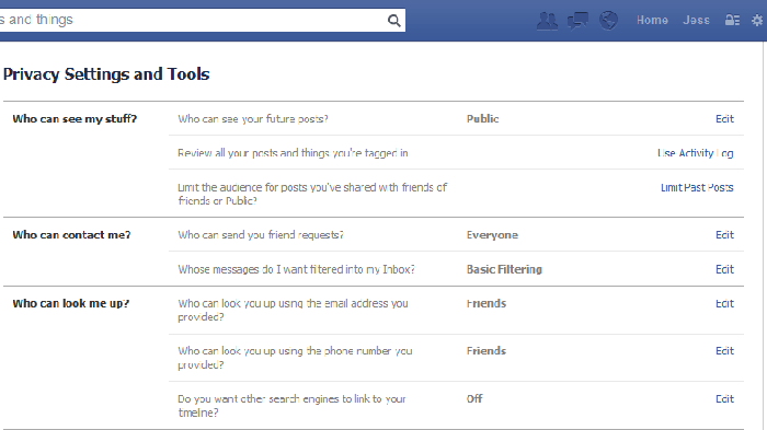 A sample privacy settings page showing the EDIT links