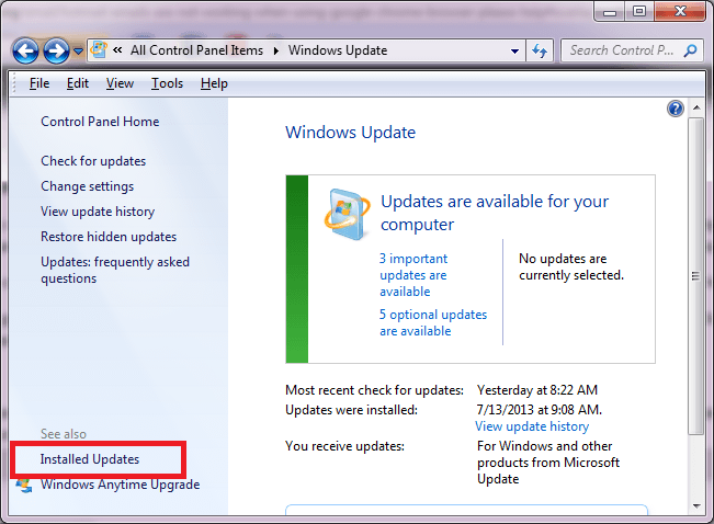 See Installed Updates in Windows 7